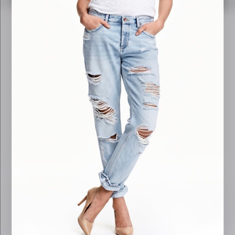 4 Boyfriend Trashed Jeans Rise 10.5”  &denim H&M Ripped Faded Relaxed Straight